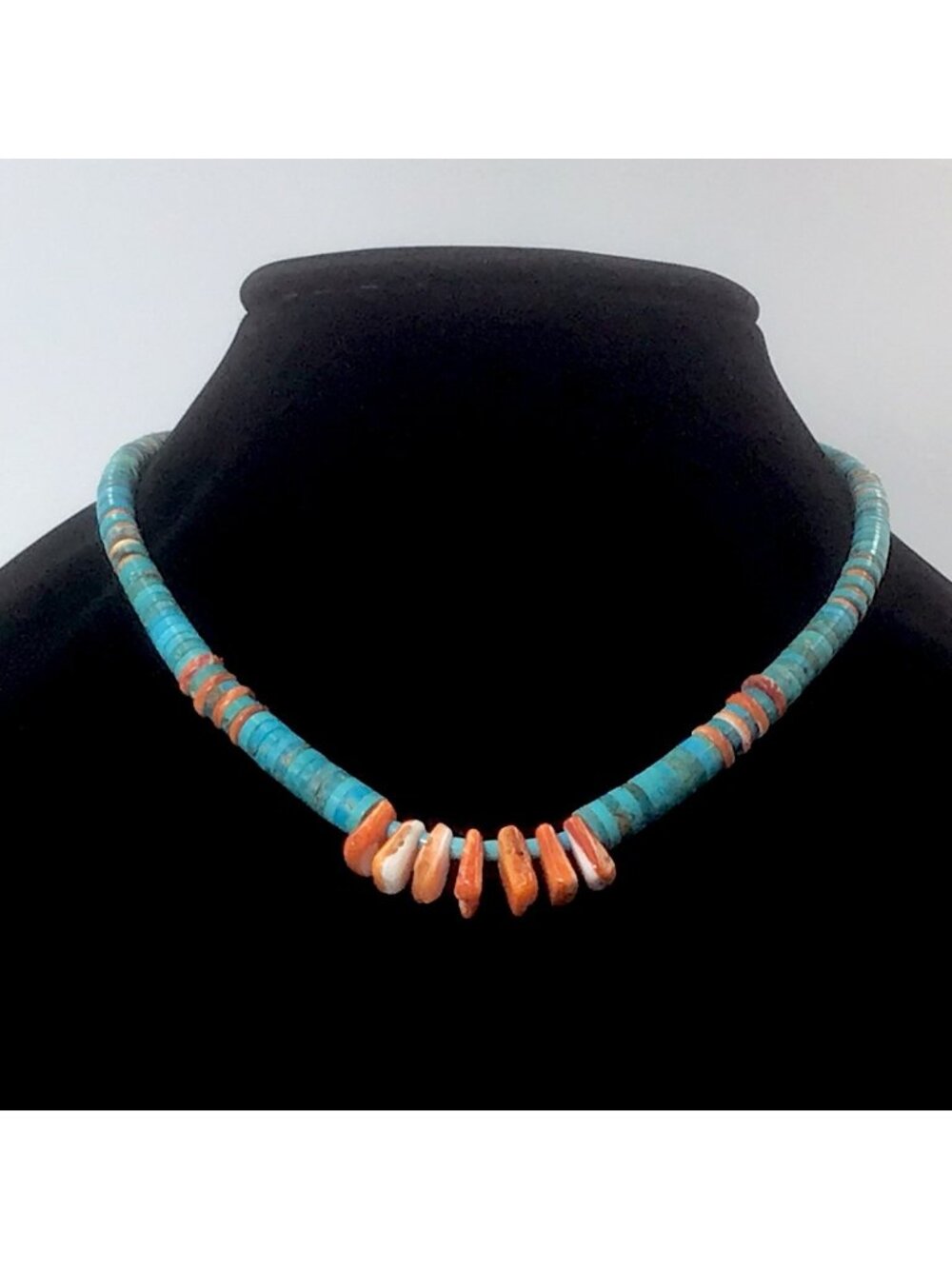 Native American Heishi Bead Turquoise Spiny Oyster Necklace 17”